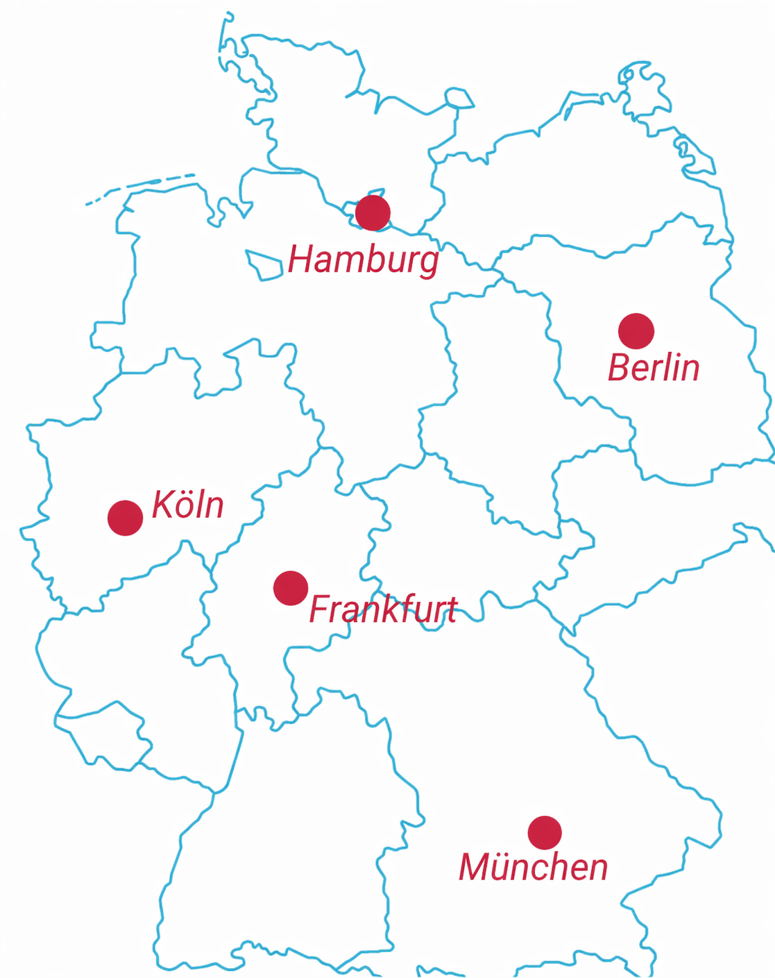 Karte von Deutschland mit markierten Städten für Sexdates in der Nähe (Hamburg, Berlin, Köln, Frankfurt, München)