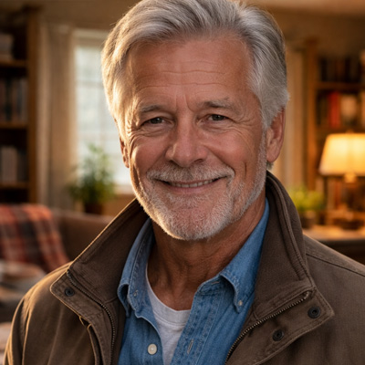 Älterer Mann mit grauen Haaren lächelt in gemütlicher Umgebung – Dating im Alter