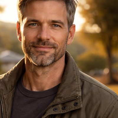 Erfahrener Mann Mitte 40 lächelt draußen – seriöses Dating-Testimonial